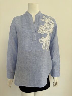 Ralph Lauren Light Blue Striped 100% Linen Shirt Blouse
